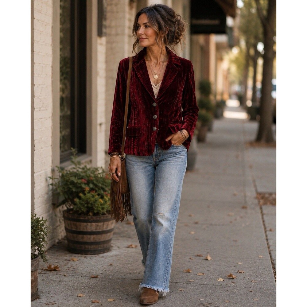 Chico's Women's Sz 1 Ruby Red Crushed Velvet Blazer Jacket Boho Retro Y2K